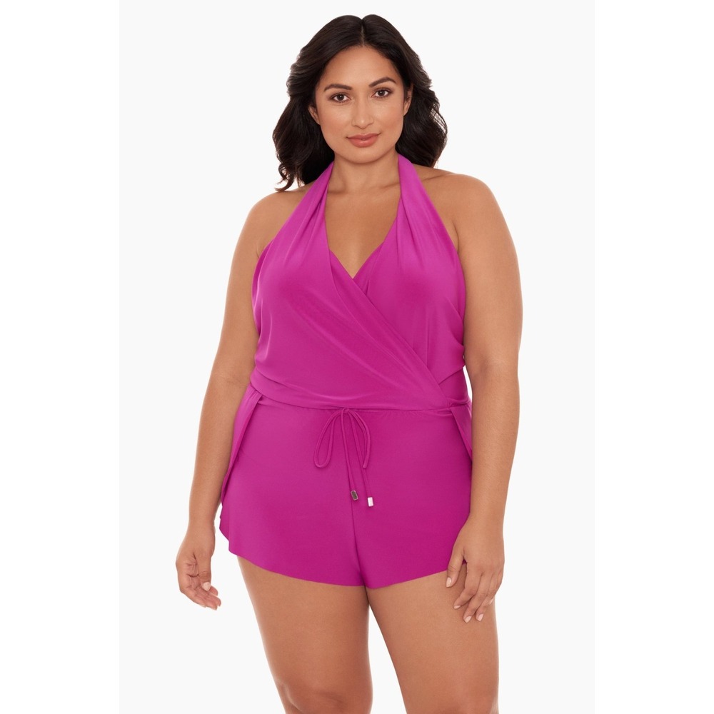 MagicSuit Bianca Romper Swimsuit Size 16 Women's 1 PC Halter Hibiscus Pink NEW